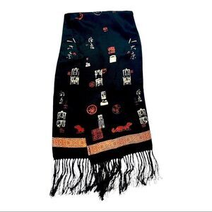 Vintage black silk satin Asian characters fringed scarf